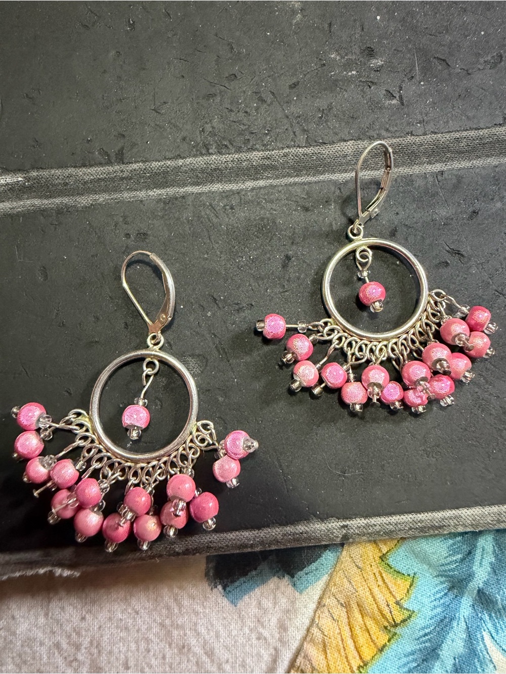 Sterling silver and Pink Beaded Hoop Dangle Earrings - Women Jewelry